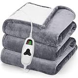 greenoak Heated Blanket Electric Throw 50"X60", Heating Blanket with 10 Heat Levels 1/2/4/6/8 Hours Auto-Off,Fleece Soft Sherpa Blanket,Gifts for Grandma Mom Seniors, Misty Grey