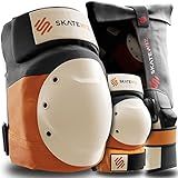 SKATEWIZ Knee and Elbow Pads Adult - Skating Protective Gear Adult - Shield - Size L Orange - Skateboard Pads with Wrist Guards for Inline Skates, Roller Skate - Ice Skates for Men