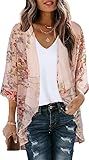 Womens Kimono Cardigans Floral Tops Sheer Beach Cover Ups Chiffon Open Front Thin Jacket Shirts （Pink Flowers,L)