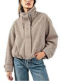 Esmeling Women Gingham Zipper Bomber Jacket Stand Collar Long Sleeve Jacket Cropped Outwear with Pockets(1177-Brown-S)