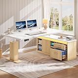 YITAHOME L Shaped Standing Desk with Power Outlets & LED Lights, 63" Electric Standing Desk Adjustable Height Sit Stand Corner Standing Desks with Drawers & Sliding Door, High-Gloss White+Natural Oak