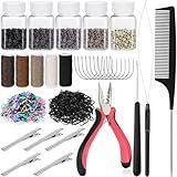 Hair Extension Tools Kit, 2500 Silicone Lined Micro Rings, 1 Plier, 1 Comb, 1 Threader, 1 Crochet Hook, 10 Curved Hair Needle, 5 Metal Hair Clips, 5 Rolls Sewing Threads, 1000 Mini Rubber Bands