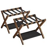 SONGMICS Bamboo Luggage Rack for Guest Room, Set of 2, Folding Suitcase Stand with Fabric Storage Shelf, for Hotel, Bedroom, Heavy-Duty, Holds up to 131 lb, Walnut Brown URLR007D02