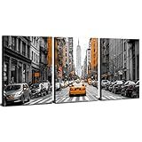 New York City Wall Art Black and White USA Street Poster Urban Yellow Taxi Car Wall Decor Building Picture Modern NYC Scenenry Panorama Artwork for Living Room Bedroom Office Home Decoration 12x16" 3P