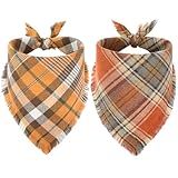 Vivifying Fall Dog Bandana, 2 Pack Halloween Thanksgiving Classic Plaid Dog Scarf with Tassels Edges, Funny Pet Apparel & Accessories Costume for Photo Prop, and Party Decor (Large, Yellow&Orange)