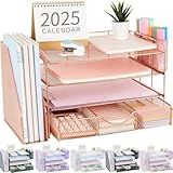 gianotter Desk Organizers and Accessories with File Holder, 4-Tier Desk Accessories & Workspace Organizers with Drawer and 2 Pen Holder, Paper Organizer for Office Supplies (Rose Gold)