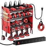 POKIPO Power Tool Organizer Wall Mount with Charging Station,Tool Storage Rack with 8 Outlet Power Strip,Heavy Duty Metal Battery Utility Rack with 4 Cordless Drill Holder 6.56 Ft Cord for Garage