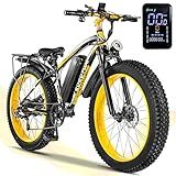 EOEOTWO Electric Bike for Adults, 33 MPH 60+Miles Electric Bicycle, 26" Fat Tire Electric Mountain Bike, 1500W Peak Motor 48V 15Ah E Bikes, Removable Battery, Lockable, Dual Brake, 7 Speed Yellow