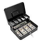 Cash Box with Lock Key and Money Tray, Large Money Box for Cash Register