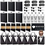 48Pcs Groomsmen Gifts Set of 6, Groomsmen Proposal Gift with Steel Hip Flasks Shot Glasses Socks Gift Bags with Tuxedo Design Card Bottle Opener Sunglasses for Wedding Groomsman Best Man Gift(48)