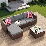Aiho 5 Pieces Patio Furniture Set All-Weather Outdoor Wicker Sectional Patio Furniture with Cushion and Glass Table (Grey)