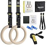 PACEARTH Gymnastics Rings 32mm Wooden Olympic Rings Support 1500lbs Locked Carabiners 9ft Double-Layer Numbered Straps Non-Slip Gym Rings with Foot Straps Door Anchor for Home Gym Full Body Workout