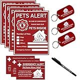 Pet Alert Sticker - Pet Inside Sticker,Safety Alert for Pets Inside,Save My pet in Case of Emergency,Rescue Pets Decal for House Window Door -4 Pack with Wallet Card & Key Tag