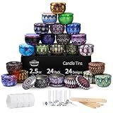 Luxetins 24 Pack Empty Candle Tins, 24 Designs Metal Tins,Candle Containers with Lids,Bulk Candle Jars,Wicks, Stickers, Wicks Holder for DIY Candle Crafting Small Businesses(2.5OZ×24PCS)