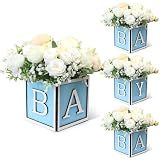 Acmee 4 Set Baby Shower Centerpieces for Tables - 6 inch Wooden Boxes with Baby Letters Rustic Cube Planter Wood Blocks for Gender Reveal Party Favor (Blue)