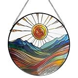 ZUSANG Sun Mountains Stained Glass Window Hanging, 9.8’’Sun Catcher Glass Panel Boho Wall Art Decor with Chain, Hand Painted Round Glass Gifts for Couples, Housewarming Gift