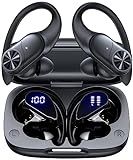 PocBuds Bluetooth Headphones Wireless Earbuds 80hrs Playtime Wireless Charging Case Digital Display Sports Ear Buds with Earhook Deep Bass IPX7 Waterproof Over-Ear Earphones for TV Phone Laptop Black