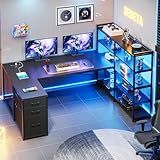 SEDETA L Shaped Gaming Desk, Reversible U Shaped Computer Desk with Power Outlet and Storage Shelves, Corner Gaming Desk with LED Lights, 3 Fabric Drawers, Black