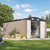 Aoxun 12 x 10FT Outdoor Storage Shed with Double Hinged Large Door Metal Sheds Outdoor Storage for Garden Utility Garden Shed with Lockable Door & Sloped Roof, Backyard, Patio and Backyard, Brown