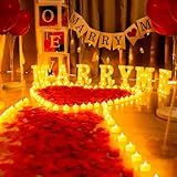 Homemory Marry Me Light Up Letters Proposal Decorations, Marry Me Sign with 24Pcs Flameless Candles 2000Pcs Red Fake Rose Petals 30Pcs Red Balloons for Valentine's Day Wedding Proposal Romantic Night