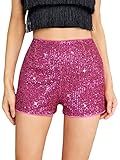SweatyRocks Women's Solid Elastic High Waist Glitter Shorts Straight Leg Sequins Shorts Hot Pink L
