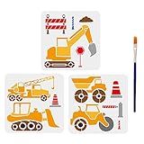 MAYJOYDIY 3pcs Construction Vehicle Stencils 11.8×11.8inch Large Traffic Crane Excavator Tractor Templates with Paint Brush Reusable Vehicles Themed Templates for DIY Home Wall Decor
