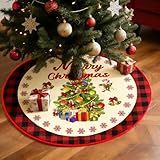 Christmas Tree Skirt 36 Inch - Red Plaid Snowflake Design, Soft Fabric Mat for Holiday Decorations, Fits Most Artificial Christmas Trees Storage Bag