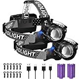 Zmoon High Lumen Rechargeable LED Headlamp 40H Long Battery Life, Super Bright Sensor Head Lamp with 3 Lighting Modes, Zoomable, Power Display, IP67 Waterproof for Camping Hunting Hiking 2PCS