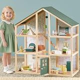 Tiny Land Wooden Dollhouse for Girls - 6 Rooms Wooden Doll House