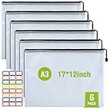 Mesh Zipper Pouch, 6PCS Waterproof Plastic Mesh Zipper Bag, A3 Size Tear-Resistant Document Pouch, Extra Large Zip File Bags, for School Office Supplies Home Travel Storage(17×12 Inch)