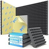 12 Pack Pyramid Sound Proof Foam Panels for Walls with Updated Self-Adhesive 3"X12"X12" High Density Acoustic Panels Sound Absorbing Fast-Expanding Soundproof Wall Panels for Gaming Studio Decor-Black
