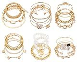 IFKM 6 PACK (24 PCS) Boho Gold Chain Bracelets Set for Women, 14K Gold Plated Multiple Layered Stackable Open Cuff Wrap Adjustable Link Italian Cuban Jewelry Gift
