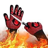 BBQ Fireproof Gloves, Grill Cut-Resistant 1472°F Heat Resistant Gloves, Non-Slip Silicone Oven Gloves, Kitchen Safe Cooking Gloves for Oven Mitts,Barbecue,Cooking, Frying,13.8 Inch-Red