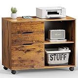 DUMOS Lateral File Cabinet with 3 Drawers Rolling Filing Cabinets Under Desk Storage Printer Stand Wood Organizer with Wheels Adjustable Shelf for Office Home Small Space, Brown