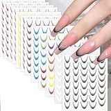18Sheets Gradient Color French Tip Line Nail Stickers 3D Self-Adhesive Colorful Geometric Curve Lines Nail Decals Colorful Curved Nail Designs Wave Stripe Guide Nails Supplies for Women DIY Nail Decor