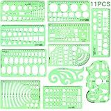 11PCS Geometric Drawings Templates, Drafting Stencils Measuring Tools, Transparent Green Plastic Ruler, for Architecture, Office, Studying, Designing