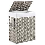 DUMOS Woven Laundry Basket with Lid, 90L Large Capacity Hamper, Removable & Machine-Washable Liner, Foldable Rattan Clothes Hamper, Sturdy Steel Frame, Odor Control, Dove Gray