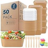 MINCOCO 50 Count Paper Bowls Disposable Meal Prep Containers with Lids【Includes 50 Wooden Forks + 100 Labels】 Salad Food Containers Freezer & Microwave Safe Leakproof Soup Bowls (19 Ounce, 50-Count)