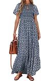 PRETTYGARDEN Women's Summer Casual Flutter Short Sleeve Boho Floral Maxi Dress Crew Neck Smocked Tiered Long Dresses (Navy,X-Large)