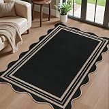 LORWER Scalloped Easy Jute 3x5 Front Door Mat, Washable Rugs for Entryway Black Outdoor Patio Rug, Farmhouse Neutral Non Slip Indoor Carpet for Porch Backyard