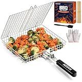 AIZOAM Grill Basket - Grill Baskets for Outdoor Grill, Stainless Steel Large Grilling Basket w Removable Handle, Portable Fish Grilling Rack for Grill Ideal Meat Fish Vegetables Grilling Accessories
