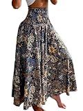 CHICME Boho Floral Shirred High Waisted Wide Leg Pants Flowy Palazzo Pants Summer Beach Vacation Wear-bl-L A-Blue