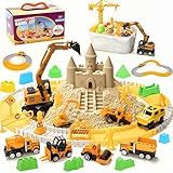 Fweir Play Construction Sand Kit, 2.2lbs Magic Sand, 6 Alloy Trucks,1 Big Semi-automatc Excavator,1 Race Truck 100 Tracks,10 Castle Molds,1 Sandbox mat,1 Storage Box, Sensory Toys for Kids Ages 3+