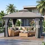 Covered Outdoor Patio Gazebo 11'x13' with LED Lights & Bluetooth Speaker, Heavy Duty Outdoor Canopy Shelter with Metal Frame, Double Roofs, Soft Top Gazebo with Netting and Curtains for Backyard, Gray