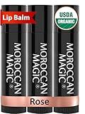 Moroccan Magic Organic Rose Lip Balm 3 Pack | Ultra-Hydrating Argan & Essential Oil Lip Moisturizer + Vitamin E | Natural Chapstick for Dry Lips | Smooth, Non-Toxic | Organic Lip Balm