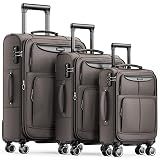 SHOWKOO Luggage Sets 3 Piece Softside Expandable Lightweight Durable Suitcase Sets Double Spinner Wheels TSA Lock Light Coffee (20in/24in/28in)