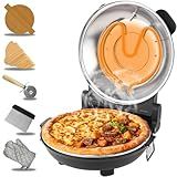ECUMFFY Pizza Oven Indoor, 12 Inch Retro Pizza Maker, Rapid Heating 800˚F, 1200W Glazed Ceramic Stone Electric Pizza Cooker, Two-button Precise Temperature Control, Viewing Window for Precise Cooking