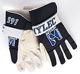 MyLec Men's Hockey Gloves, Velcro Strap with Perfect Fit, Printed Branding Logo, Hockey Stuff with Tough Leather Palm, Lightweight, Durable & Breathable, Protected with EVA Foam(Small, Black)