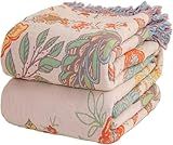 Boho Throw Blanket for Bed 100% Cotton Bohemian Blankets Ultra Soft Woven Muslin Decorative Blankets All Seasons Vintage Quilt Knitted Blanket for Sofa Chair(Orange, 80"x90")