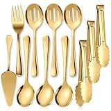 Kzovone 11PCS Stainless Steel Gold Serving Utensils, 8.7''Serving Spoons,8.7''Slotted Spoons, Serving Fork, 9'' Serving Tongs,Cake Server,Hostess Serving Set for Chafing Dish Buffet Catering Parties